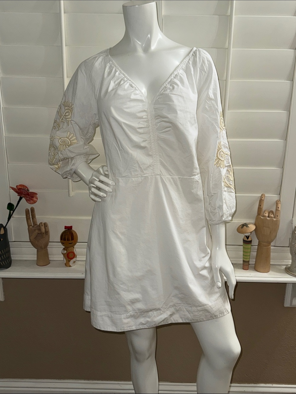 LOFT Floral Embroidered Poplin Shirred Mini Dress White